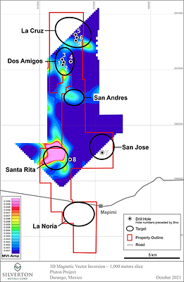 Figure 2. 3D Magnetic vector inversion (3DMVI) at a 1,000 meters depth. Source: heliborne magnetic survey flown by Geotech in 2010 with 150 meter line spacing at an average of 57 meters mag sensor ground clearance. Targets outside the colored block were selected based on geological, geochemical and regional magnetic data. (Regional mag map shown in Fig 1). (PRNewsfoto/Silverton Metals Corp.)