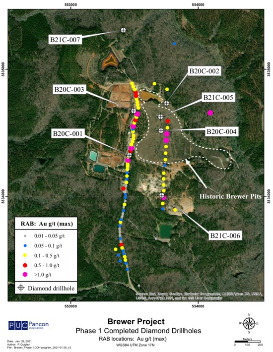 Figure 1: Phase 1 diamond drill holes with 2020 RAB drill holes and RAB gold results