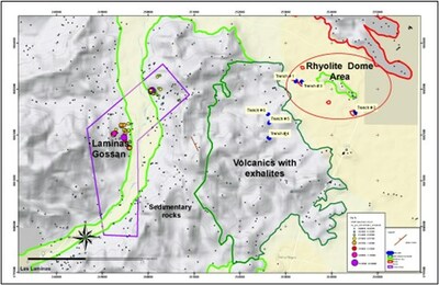 Figure 2. Preliminary geologic map of the Rhyolite Dome/Laminas VMS system showing historical copper-in-rock samples. (CNW Group/Vortex Metals)