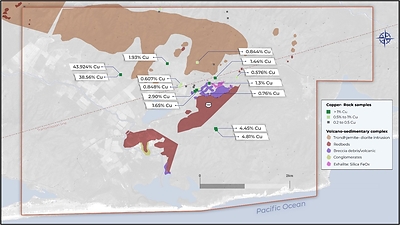 Figure 2. Generalized geologic map of the Zaachila project area showing anomalous copper-in-rock values, volcanic breccia/debris and exhalate bodies. (CNW Group/Vortex Metals)