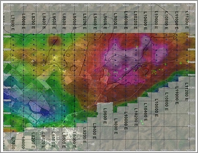 Figure 4. Gravity survey results over the Zaachila concession which reveals a ~1.5 x 1 km gravity anomaly centered adjacent to the most persistent and extensive surface shows of Cu mineralization. (CNW Group/Vortex Metals)