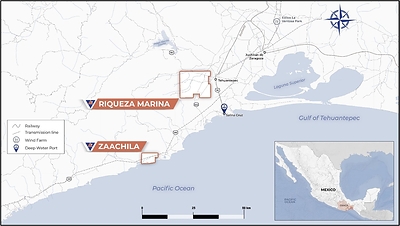 Figure 1. Location map of the Zaachila and Riqueza Marina projects in southern Oaxaca. (CNW Group/Vortex Metals)