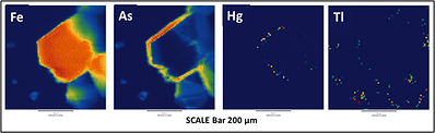 Photo 2: SRµ-XRF multi-element mineral mapping shows the distribution of iron (Fe), arsenic (As), mercury (Hg) and thallium (Tl). Hg and Tl occur together in an As-rich rim on a pyrite grain (the orange/red mineral in the Fe map). Tl also occurs elsewhere in the sample where Hg is not present. (CNW Group/Southern Empire Resources Corp.)