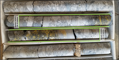 Photo 1: Source drill core interval of Pedro Gold Project DDH P22-02 for Synchrotron Micro-XRF mineralogical study of microscopic pyrite grains. The section above, from 46.10m to 47.14m (outlined in green) assayed 0.750 g Au/t (average of repeated samples S43451 & S43451R) and exhibits zones of disseminated blebs to semi-massive clots of orpiment (As2S3; yellow mineral) in intervals of silicified, brecciated limestone conglomerate containing microscopic pyrite grains. (CNW Group/Southern Empire Resources Corp.)