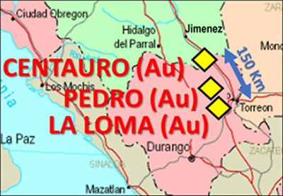 Centauro Gold Project, Jiménez Municipality, Chihuahua State; Pedro Gold Project, Mapimí Municipality, Durango State; and, La Loma Gold Project, Nazas & Lerdo Municipalities, Durango. (CNW Group/Southern Empire Resources Corp.)