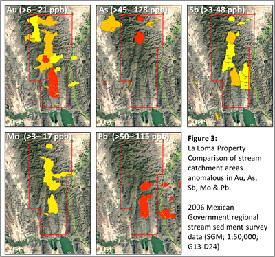 Figure 3: La Loma Property Comparison of stream catchment areas anomalous in Au, As, Sb, Mo & Pb. (CNW Group/Southern Empire Resources Corp.)