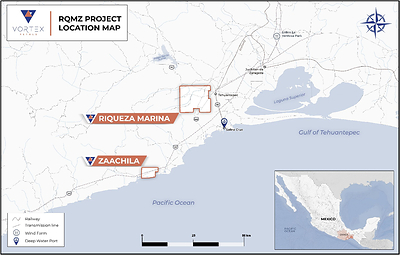 Figure 2. Map of the Juchitan-Salina Cruz area showing the location of the Riqueza Marina (3) and Zaachila (1) concessions. (CNW Group/Vortex Metals)