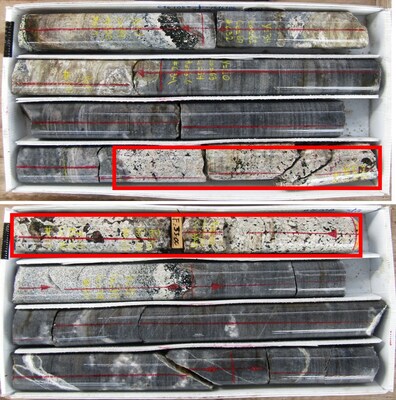 Figure 3. Eudialyte intergrowths within pegmatite between 32.35 and 33.29 m below ground surface in drill hole JV-23-13 (interval denoted in red boxes). (CNW Group/Monumental Minerals Corp.)