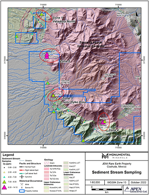 Figure 2. Locations of anomalous REE contents in stream sediments over the western concessions of Monumental’s Jemi project. (CNW Group/Monumental Minerals Corp.)