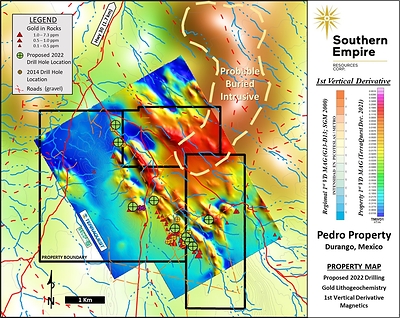 Figure 1. Preliminary Airborne Magnetic Data (1st Vertical Derivative) for the Pedro Gold Project and Proposed Phase 1 Core Drill Hole Locations (green dots) (CNW Group/Southern Empire Resources Corp.)