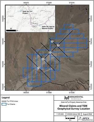 Figure 1. Location of the Salar de Turi Project and the 31 claims (8,500 ha) that it encompasses. Map also includes the transient electromagnetic (TEM) survey lines (L1 to L5) contracted by Lithium Chile in 2019. (CNW Group/Monumental Minerals Corp.)