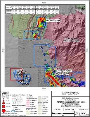 B - Figure 1. The spectral band for fluorite and periclase (A) and the probability model for REE targets (B) will be used to guide the upcoming exploration campaign at the Jemi project. In both images, hotter colours are considered more prospective. (CNW Group/Monumental Minerals Corp.)