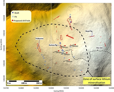 Figure 3:  Location of proposed drilling in the Dead Pig – Guinea Pig area, also showing old prospecting workings identified by field mapping and from LiDAR. The zone of surface lithium mineralization is defined by rock samples with >0.20% Li2O. (CNW Group/TinOne Resources Corp.)