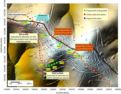 Figure 4:  Location of proposed drilling at Great Pyramid. (CNW Group/TinOne Resources Corp.)