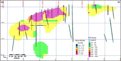 Figure 2. Oblique section (200) showing tin block grades and drill hole grades. (CNW Group/TinOne Resources Corp.)