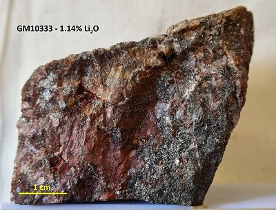 Figure 4: Photographs of lithium-bearing rocks from this round of sampling.  GM10333 – the right half of the sample is predominantly fine-grained zinnwaldite with coarser quartz and topaz. The left half shows medium to coarse grained quartz and topaz with interstitial fine to very fine-grained zinnwaldite. GM10353 – This sample shows domains of coarse-grained quartz and topaz and domains of fine grained zinnwaldite, quartz and topaz. GM10349 – This sample is comprised of a relatively homogenous distribution of coarse-grained quartz, topaz and zinnwaldite. GM10358 – This is a fine to medium-grained rock with a homogeneous distribution of quartz, topaz and zinnwaldite. Note that these photos are not intended to be representative of broader mineralization on the Project. (CNW Group/TinOne Resources Corp.)