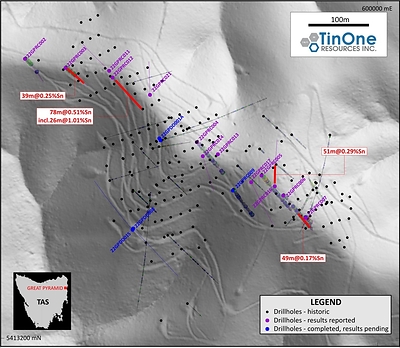 Figure 2: Great Pyramid drilling plan. Holes reported in this release are labelled. Historic drill collars and traces (for angled holes) are also shown (CNW Group/TinOne Resources Corp.)