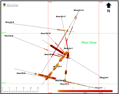 Figure 3. Plan View of the Wine Occurrence Showing Drill Holes Wine 24-2, 24-3, 24-4, 24-6 and 24-7 (CNW Group/Nican Ltd.)