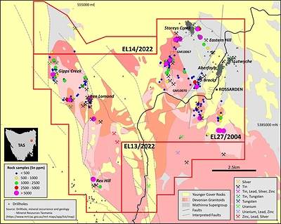 Figure 2: TinOne rock sample results coloured by tin shown with summary geological setting, historical drillholes and mineral occurrences in the Aberfoyle project area.  The historical drill holes are heavily concentrated in the Aberfoyle-Lutwyche-Storeys Creek areas and large areas of identified tin-bearing mineralisation and alteration and historical mining activity have never been drilled. (CNW Group/TinOne Resources Corp.)