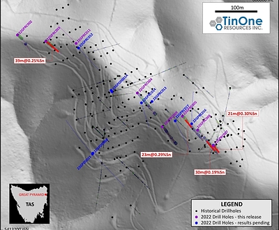 Figure 2: Great Pyramid drilling plan. Holes reported in this release are labelled.  Historic drill collars and traces (for angled holes) are also shown. (CNW Group/TinOne Resources Corp.)
