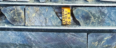 Figure 6: Great Pyramid diamond core (22GPDD001A, 123.1m). Strong chlorite-quartz alteration with abundant pyrrhotite-chalcopyrite-pyrite-magnetite veins and breccia.  Diamond drill hole beneath historic resource area, assay results pending. (CNW Group/TinOne Resources Corp.)