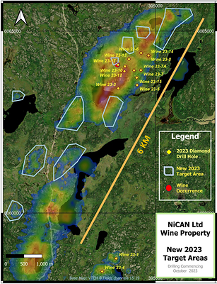 Figure 1: New 2023 Target Areas (base map - VTEM B Fieldz Channels 15-19) (CNW Group/Nican Ltd.)
