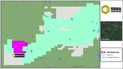 Figure 1 - The Mead Project comprises 1,001 hectares located adjacent on both east/west boundaries to Brunswick Resources’ Hearst Project, where it has an on-going drill program to assess the spodumene-bearing Decoy pegmatite and other pegmatites along trend to the west/southwest towards the Mead Property up to 2 kilometres from the claim boundary. (CNW Group/Usha Resources Ltd.)