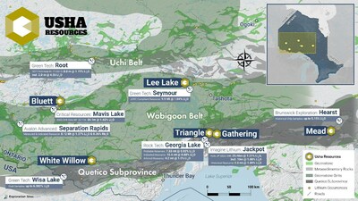 Figure 1 - Regional map overlaying the location of Usha’s lithium pegmatite portfolio with respect to other significant projects in the area. (CNW Group/Usha Resources Ltd.)