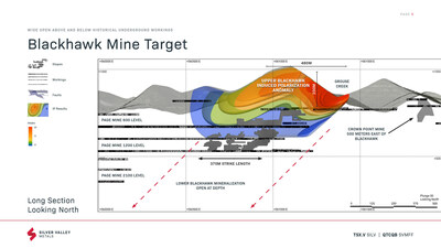Silver Valley Metals' Ranger-Page project, Blackhawk mine geophysics IP anomaly, located in the Silver Valley of north Idaho. New drill target areas including the Upper and Lower Blackhawk Mine targets.  Recent geophysical IP and surface geochemical exploration activities conducted at the Blackhawk Mine target resulted in significant new targets (highlighted in green) for potential drilling above and below historical mining areas where modern exploration technologies are being used for the first (CNW Group/Silver Valley Metals Corp.)
