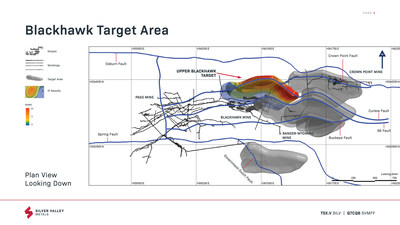 Silver Valley Metals' Ranger-Page project, Blackhawk mine exploration target area.   located in the Silver Valley of north Idaho. New drill target areas including the Upper and Lower Blackhawk Mine targets.  Recent geophysical IP and surface geochemical exploration activities conducted at the Blackhawk Mine target highlighted areas in which elevated chargeability and resistivity anomalies were identified, consistent with elevated metals values evident in surface geochemical results. (CNW Group/Silver Valley Metals Corp.)