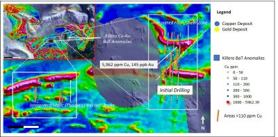 Figure 2. Combined gold-copper BoT anomaly and NE-trending structural corridor at the Killerö E target. Initial  drilling will focus on the approximately 1km strike extent of the core BoT anomaly. (CNW Group/Capella Minerals Limited)