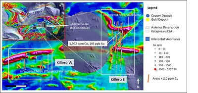 Figure 2. Killero E target areas as defined by combined geochemical (BoT) and geophysical (drone magnetic survey data) anomalies. (CNW Group/Capella Minerals Limited)