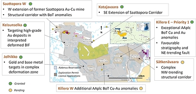 Figure 1. Locations of the five granted exploration permits (Saattopora W, Keisunselka, Jolhikko, Katajavaara, and Killero E) within the Northern Finland Gold-Copper Project. (CNW Group/Capella Minerals Limited)