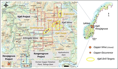 Figure 1. Locations of the high-grade Cu-Zn-Co Hessjøgruva, Kongensgruve, and Kjøli Projects, Trøndelag Province, central Norway. (CNW Group/Capella Minerals Limited)