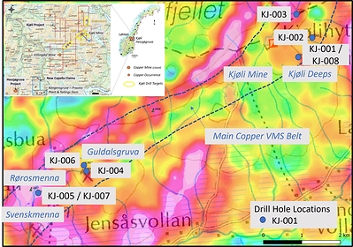 Figure 3. Location of scout drill holes at Kjøli. (CNW Group/Capella Minerals Limited)