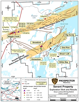 Figure 1. Key target areas and assay results from the Savant project (Prospector Metals Corp. News Release dated August 15, 2022). (CNW Group/Capella Minerals Limited)