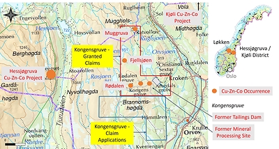 Figure 1. Capella’s granted exploration claims and claim applications in the Kongensgruve area. (CNW Group/Capella Minerals Limited)