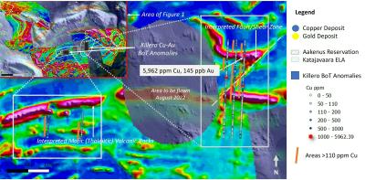 Figure 2. Enlargement of the Killero copper-gold BoT anomaly area. Background: Total Magnetic Field Intensity (TMI) data. (CNW Group/Capella Minerals Limited)