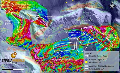 Figure 1. Katajavaara-Aakenus project and priority targets generated from the high-resolution drone magnetic survey. Background: Total Magnetic Field Intensity (TMI) data. (CNW Group/Capella Minerals Limited)