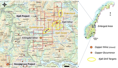 Figure 1. Location map of the Hessjøgruva and Kjøli Projects, central Norway. (CNW Group/Capella Minerals Limited)