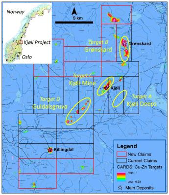 Figure 1. Priority target areas for the Kjøli diamond drill program. A: Kjøli Deeps; B: Grønskard mine area; C: Kjøli mine area; D: Guldalsgruva-Rørosmena mine area. (CNW Group/Capella Minerals Limited)
