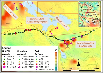 Figure 2. Initial Hilti auger drill line (together with gold values) and the location of the gold-mineralized boulder field, together with the interpreted direction of glacial flow at Rötjärnen. Image background contains regional magnetic data. (CNW Group/Capella Minerals Limited)