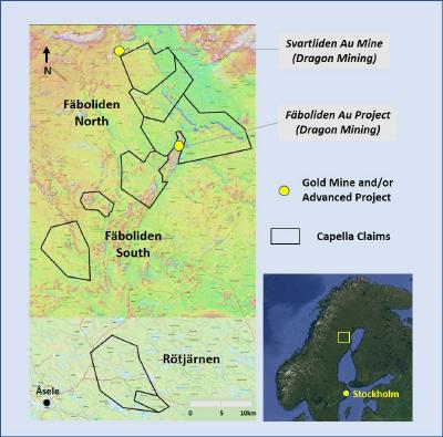 Figure 1. Location of the Southern Gold Line claims in northern Sweden, with the three key target areas (Fäboliden North, Fäboliden South, and Rötjärnen) indicated. (CNW Group/Capella Minerals Limited)