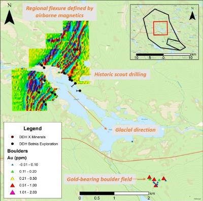 Figure 3. Historical drill holes located approximately 5km NW of the gold-bearing boulder field and within a major regional flexure clearly identifiable from airborne magnetic data. (CNW Group/Capella Minerals Limited)