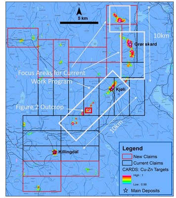 Figure 1. Recently expanded Kjøli mineral claim block together with CARDS AI copper-zinc VMS anomalies (red/magenta colours represent targets with >98% probability of +1% Cu). (CNW Group/Capella Minerals Limited)