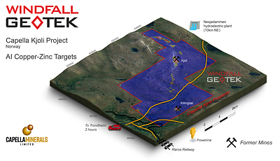 Figure 1. Copper-zinc targets identified from CARDS AI analysis at Kjøli. (CNW Group/Capella Minerals Limited)