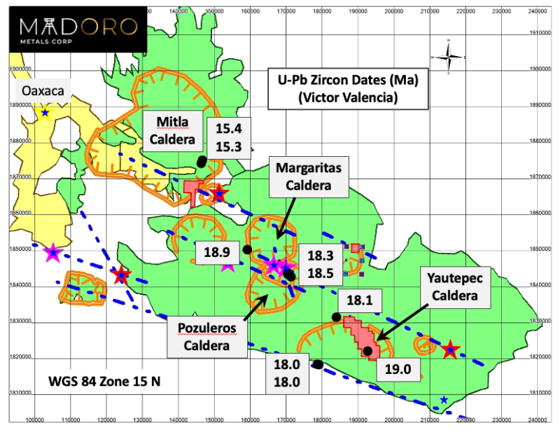 Figure 1: Locations of identified
calderas relative to active mines and Madoro Metals Corp. exploration
projects.