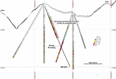 Figure 2. Cross-section along the hole MD-047 with a projection influence of 25m. *Copper equivalent (CuEq) for drill hole interceptions is calculated as: CuEq (%) = Cu (%) + 4.2 × Mo (%), utilizing metal prices of Cu - US$4.00/lb and Mo - US$20.00/lb and metal recoveries of 90% Cu and 75% Mo. Grades are uncut. Mineralized zones at Mocoa are bulk porphyry-style zones and drilled widths are interpreted to be very close to true widths. (CNW Group/COPPER GIANT RESOURCES CORP.)