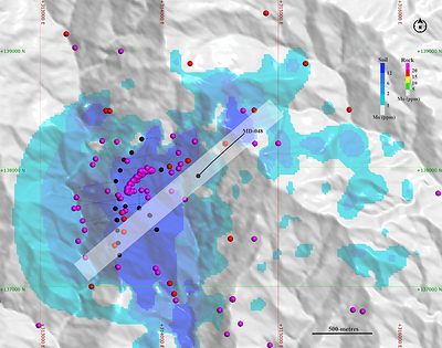 Figure 2. Plan view of MD-048 showing the Molybdenum soil anomaly and selected rock samples. Cross-section shown in figure 3 is highlighted in grey.  *Rock and soil sampling results are inherently selective in nature. As such, these results may not be representative of the underlying geological values or the overall mineralization within the sampled area. (CNW Group/COPPER GIANT RESOURCES CORP.)