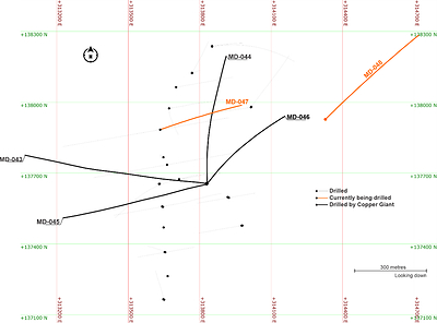 Figure 1. Plan view of hole MD-048 and MD-048. *Coordinates are UTM system, zone 18N and WGS84 projection. (CNW Group/COPPER GIANT RESOURCES CORP.)